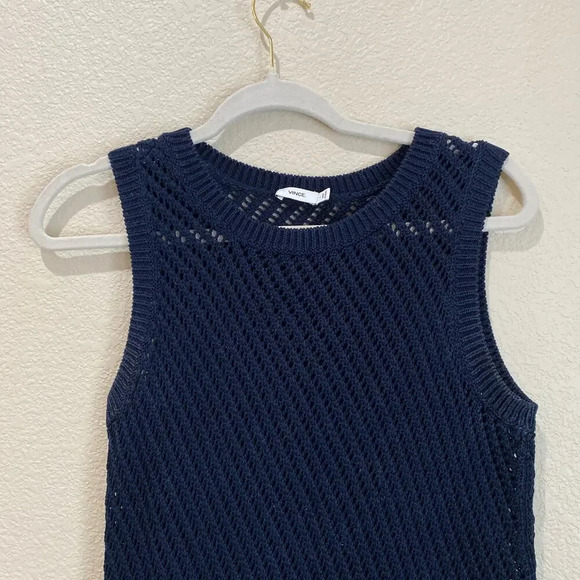 VINCE Sleeveless Mesh Stitched Top In Coastal Blue Navy Size Small Open Knit - Picture 6 of 9